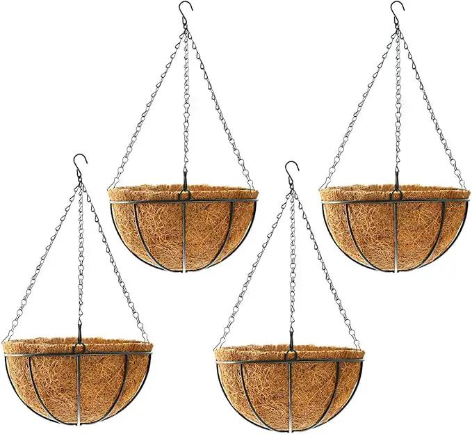 Hanging Plant Basket Flower Holder (4pack, 14 inch)-Metal Wire Round Hanging Basket Planter with Coco Fiber Liners for Plants Flower Pots Indoor Outdoor Garden Porch and Balcony Decor by GreenHaven Gardens