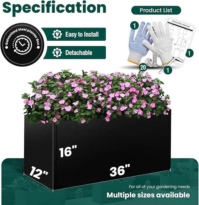 Black Planter Box Galvanized Steel Metal Planter Rectangular Indoor Large Outdoor Planters Steel Metallic Heavy Flower Pot 36In x 12In x 16In Commercial Residential for Patio, Deck, Backyard, Garden by GreenHaven Gardens