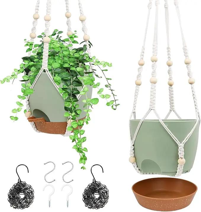Hanging Planters for Indoor Outdoor Plants, 2 Pack Self Watering Hanging Pot with Drainage Holes, Removable Tray & 2 Kinds of Plant Hangers, 8'' Hanging Flower Pots for Home Garden Decor, Green by GreenHaven Gardens