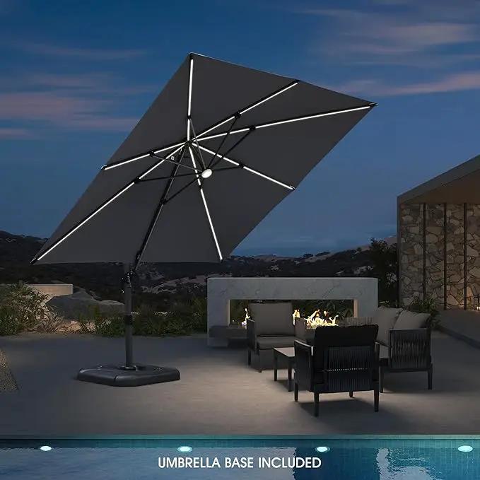 PURPLE LEAF 10 Feet Patio Umbrella with Base Outdoor Cantilever Solar Powered LED Square Umbrella Aluminum Offset Umbrella with 360-degree Rotation for Garden Deck Pool Patio Light Grey by GreenHaven Gardens