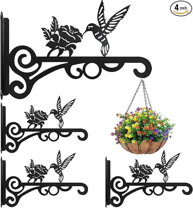 4-Pack 10 Inch Aesthetic Plant Hanger Indoor and Outdoor – Metal Hanging Plant Bracket with Hummingbird Pattern – Heavy Duty Plant Hooks for Hanging Flower Baskets, Bird Feeder, Wind Chime, Lantern by GreenHaven Gardens