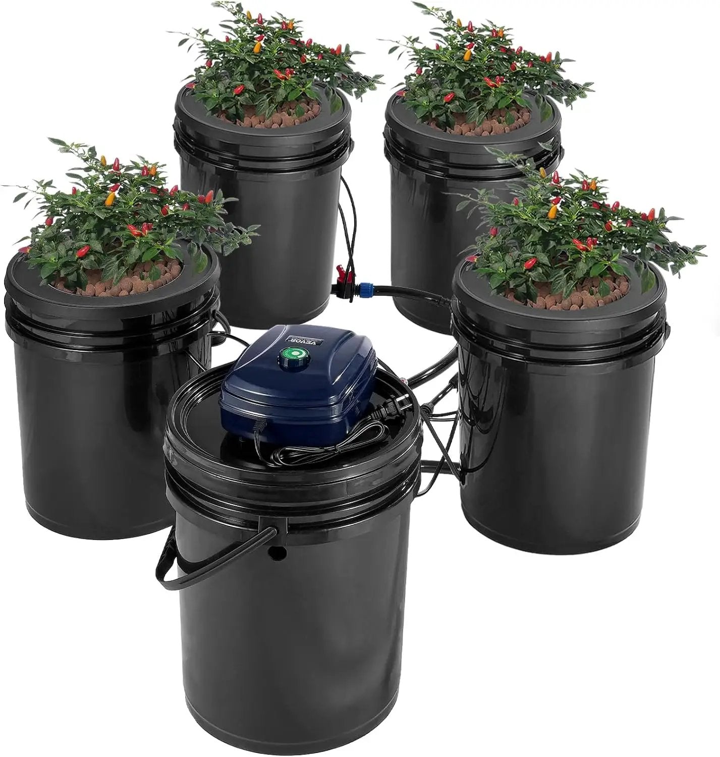 VEVOR RDWC Hydroponics Grow System, Hydroponic Growing Kit with Top Drip, Recirculating Deep Water Culture 4 Buckles and 1 Reservoir, with Air Pump and Water Level Device for Leafy Vegetables by GreenHaven Gardens