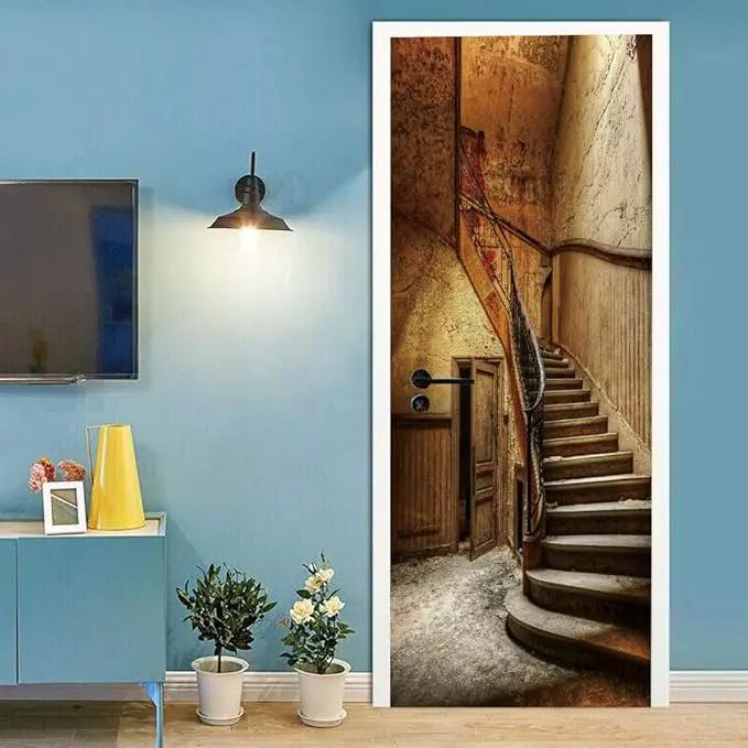 3D Door Wallpaper Self-Adhesive Door Sticker - Old Stairs - Door Film Poster Premium PVC Waterproof Wall Sticker for Bedroom Living Room Door Decoration Wallpaper 95 x 200 cm by GreenHaven Gardens