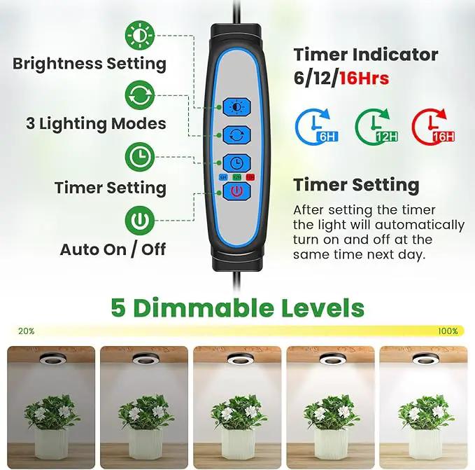 Wiaxulay Grow Lights for Indoor Plants, 48 LEDs Full Spectrum LED Plant Grow Light, Under Cabinet Grow Lamp with Auto Timer 6/12/16 Hrs, 3 Lighting Mode, 5 Brightness Levels, One Head (3.5in) by GreenHaven Gardens