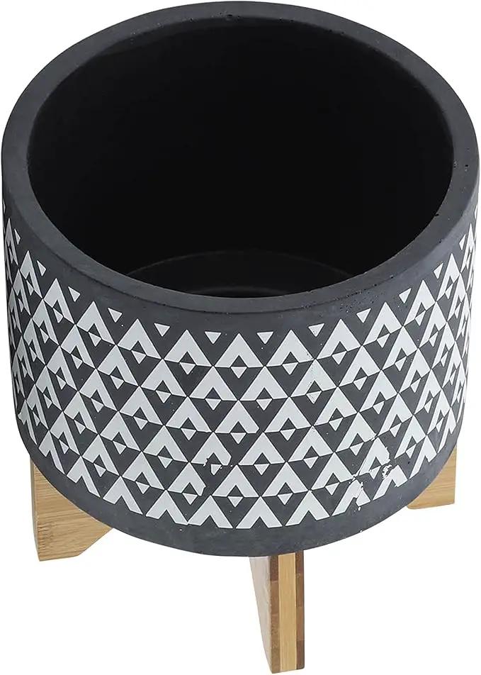 Sagebook Home 9" H 8" Diameter Dark Gray and Ivory Aztec Design Ceramic Planter with Solid Rubberwood Stand for Living Room, Bedroom, or Office by GreenHaven Gardens