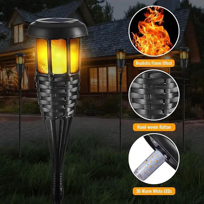 Solar Torch Light with Flickering Flame, 4 Pack Waterproof Bamboo Torches Hand-Woven Rattan Solar Tiki Torches for Outside Patio Yard Garden Lawn (Black-4 Pack) by GreenHaven Gardens