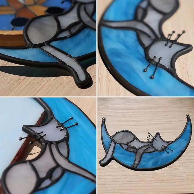 BOXCASA Sleeping Cat Stained Glass Windown Hanging,Grey Cat on Moon Beautiful Handcrafted Sun Catcher Gifts for Daughter,Mothers Day,Christmas and Cat Lover by GreenHaven Gardens