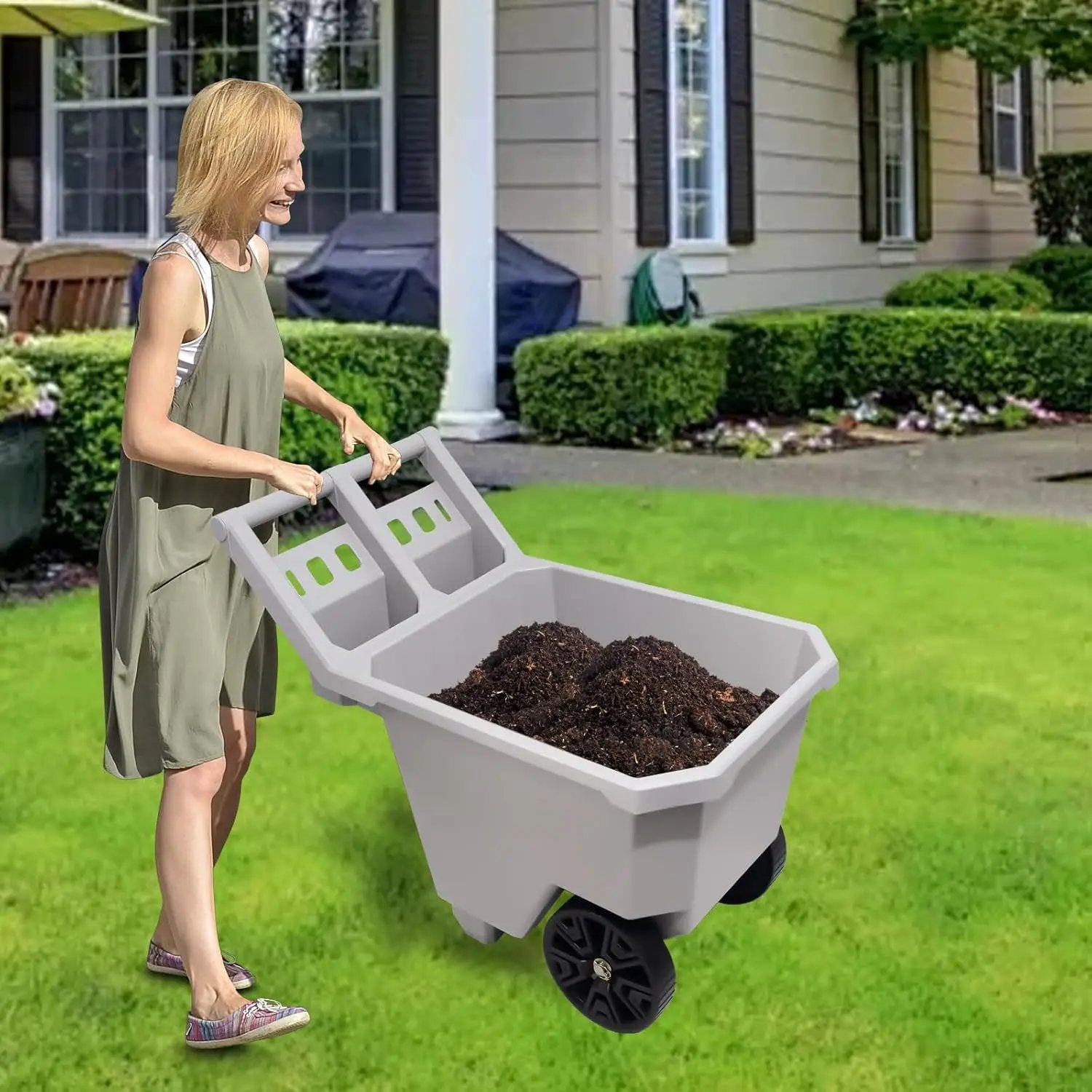 AAIN Wheel Barrel, 2 Wheel Wheelbarrow. 300 LB Yard Cart with 9 in Maintenance-Free Solid Wheels, Trash Cart with Wheels, Push/Pull Design, Grey by GreenHaven Gardens
