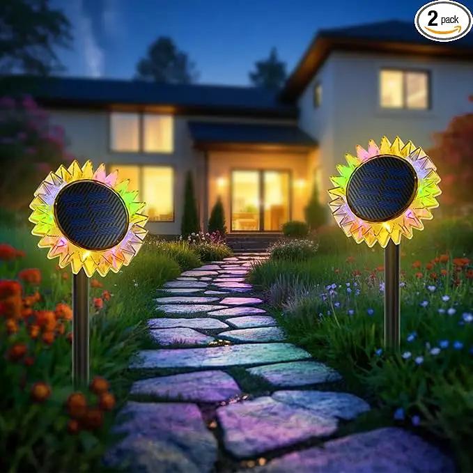 Outdoor Solar Lights, 2 Pack Led Solar Sunflower Lights, Stake/Wall 2-in-1 Waterproof Solar Garden Lights for Yard, Landscape, Fence, Patio, Driveway, Pathway, Backyard Decoration (Colourful) by GreenHaven Gardens