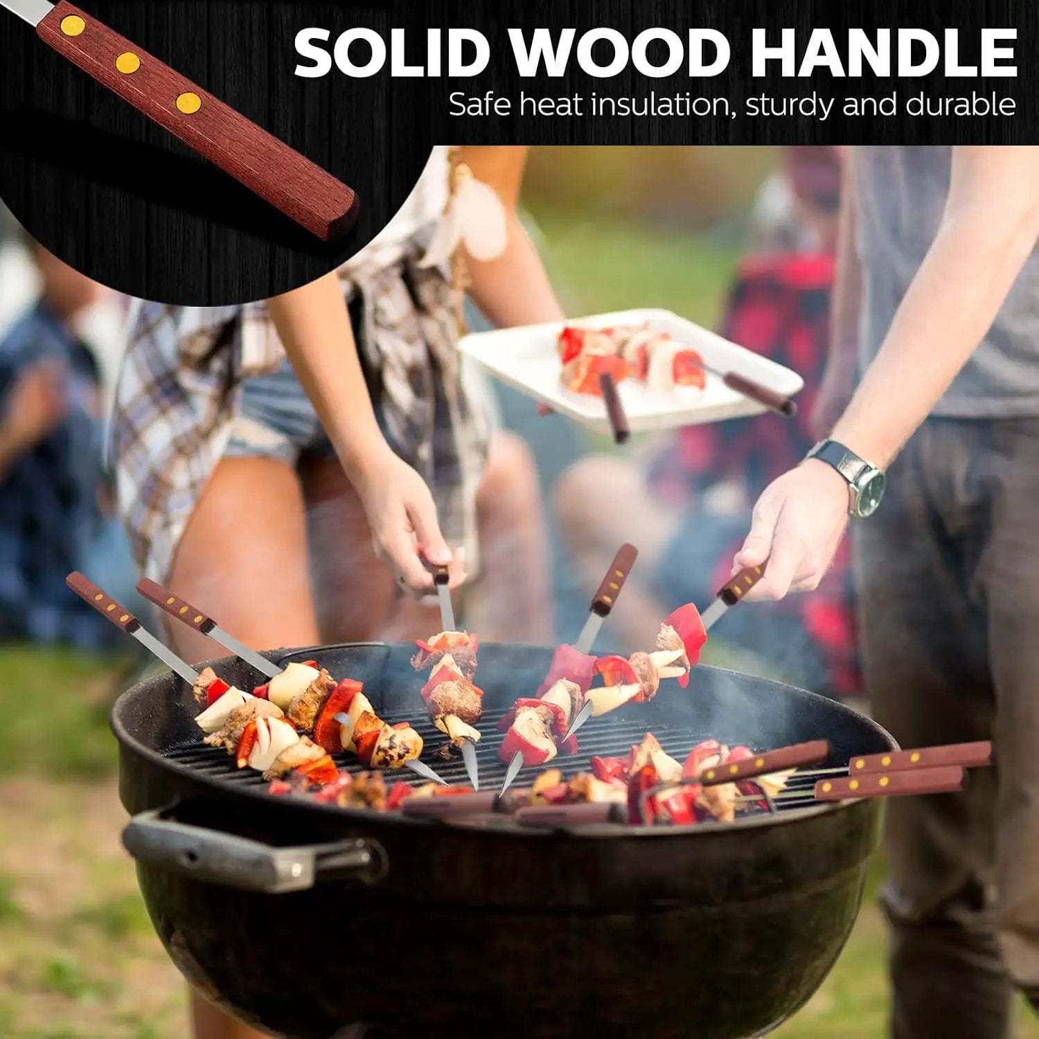 Cunhill 12 Pcs 19.7 Inch Kabob Skewers for Grilling 0.4 Inch Wide Flat Blade Thin Stainless Steel Kabob Sticks Long Barbecue Reusable Metal BBQ Skewers with Wood Handles for Tailgate Party Outdoor by GreenHaven Gardens