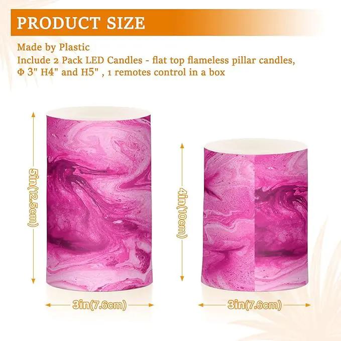 Flickering Flameless Candles, Pink Fuchsia Marble LED Candles with Remote Timer, Set of 2 Battery Operated Candle for Valentine Wedding Birthday by GreenHaven Gardens