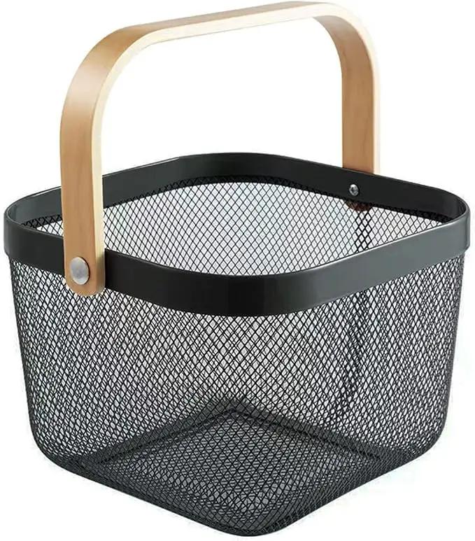 Metal Mesh Steel Basket, Storage Organizer Basket Multi-functional Hanging Kitchen Baskets Fruit Basket Bin with Bamboo Handle for Kitchen Bathroom Picnic Shopping Decor Cabinet Home, Black by GreenHaven Gardens