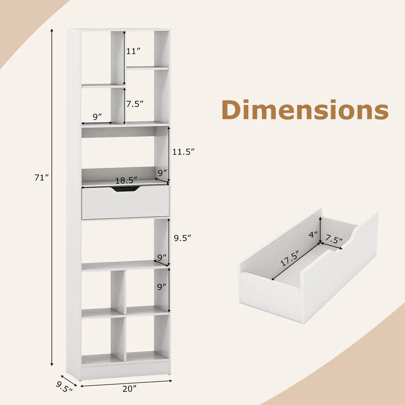 71inch Tall Freestanding Bookcase with Drawer 10-Cube Storage Organizer by DirectDeals