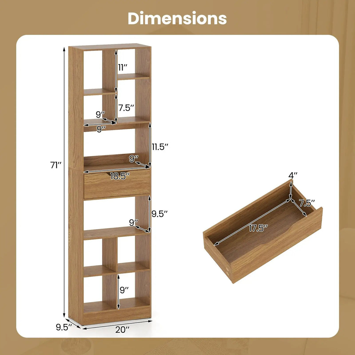 71inch Tall Freestanding Bookcase with Drawer 10-Cube Storage Organizer, photo 9 of 16
