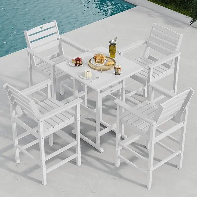 5-Piece Bar Height Patio Table and Chairs Set, HDPE Wood Grain Outdoor Bar Table and Chairs with Heart Cutout Design, Weather-Resistant Bar Height Furniture for Deck, Porch, Pool (White) by GreenHaven Gardens