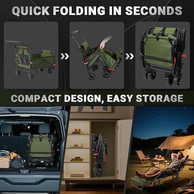 LEVELEVE Heavy Duty Folding Wagon - 2-in-1 Collapsible Cart, 400lb Capacity, All-Terrain Wheels w/Brakes & Side Pockets (Army Green) by GreenHaven Gardens
