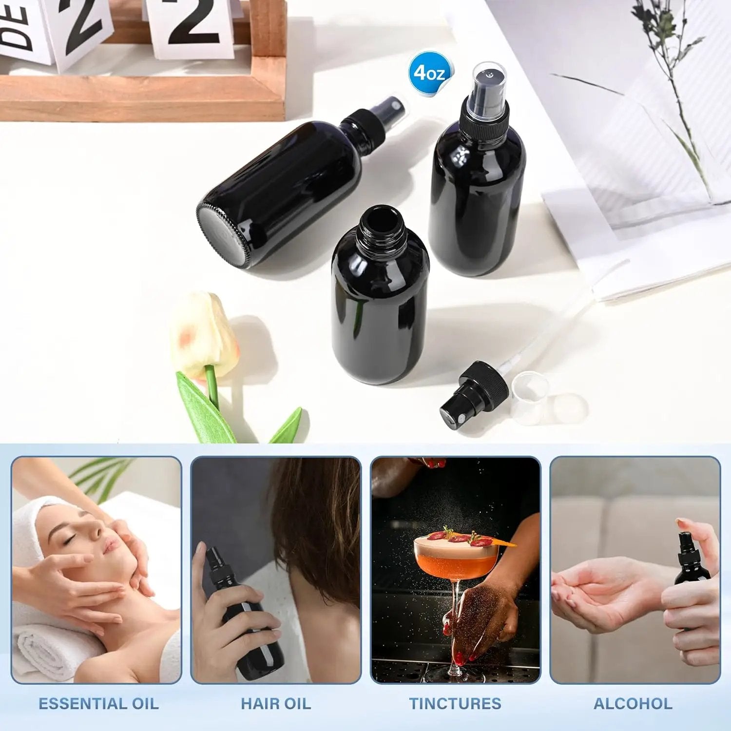 4 PCS, 4 oz Black Glass Mini Spray Bottles, Fine Mist, Refillable Containers for Cleaning Solutions and Skin Care by GreenHaven Gardens