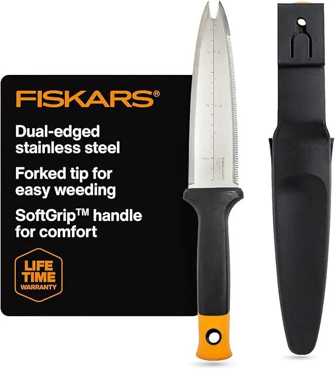 Fiskars Hori Hori Garden Knife with Sheath, Multi-Purpose Heavy Duty Gardening Hand Tool for Weeding, Planting, Digging with Hanging Hole by GreenHaven Gardens