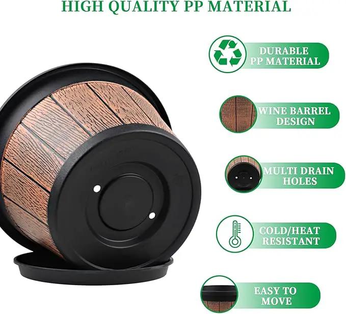 Quarut 4 Pack 12 inch Plant Pots,Whiskey Barrel Planters with Drainage Holes & Saucer,Plastic Decoration Flower Pots Retro Design,Planters for Outdoor Indoor Garden Home Plants (Brown) by GreenHaven Gardens