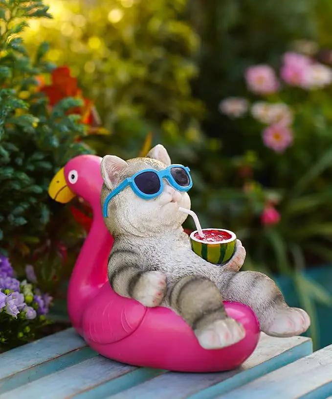 Cat Lying Flamingo Solar Statue: Outdoor Sculptures Clearance for Lawn Porch Patio Balcony Yard - Gifts for Mom Women by GreenHaven Gardens