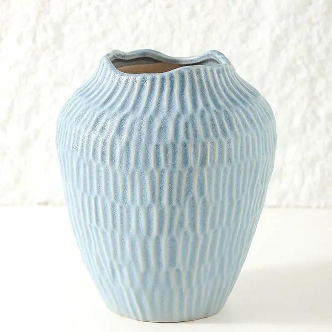 Ceramic Vase for Home Decor,7.8 Inch Flower Vases，Decorative Blue Vase for Pampas Grass，Modern Art Texture Vases for Home Entryway Living Room Dining Table Farmhouse Office Decor-Mat Blue by GreenHaven Gardens