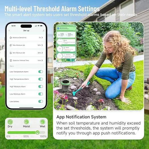 Smart 3-in-1 Soil Moisture/Temperature/Fertility Meter for Outdoor Plant, Soil Test Kit for Garden/Farming/Lawn, GreenVation Digital Soil Sensor with Tuya/Smart Life APP Push Notification by GreenHaven Gardens