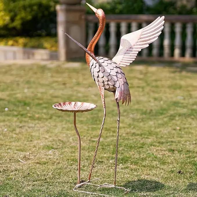 Crane Garden Statue with Birdbath, 40'' Heron Garden Statue, Crane Metal Yard Art for Outside, Backyard, Lawn, Porch Decor by GreenHaven Gardens