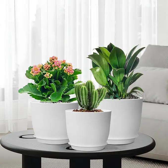 10/9/8 inch Medium Flower Pots, 3 Pack Modern Decorative Plastic Planters with Drainage Holes and Tray, Plant Pots for Indoor Outdoor Plants, White by GreenHaven Gardens