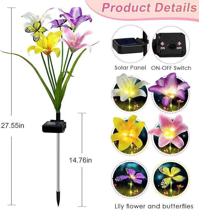 Solar Garden Lights Outdoor, 4 Pack Flower Lights for Outside, 16 Solar Lilies with Butterflies, Waterproof Garden Decor for Yard, Patio, Gifts for Women Mom (4 pcs Lilies) by GreenHaven Gardens