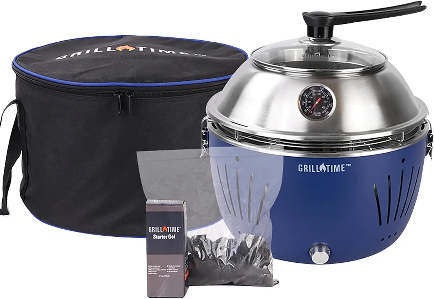 GrillTime Tailgater GT Hood Combo 13 Inch - Portable Charcoal Grill with Hood, Small Tabletop Grill for Tailgate Parties, Camping, Beach BBQ, Blue by GreenHaven Gardens