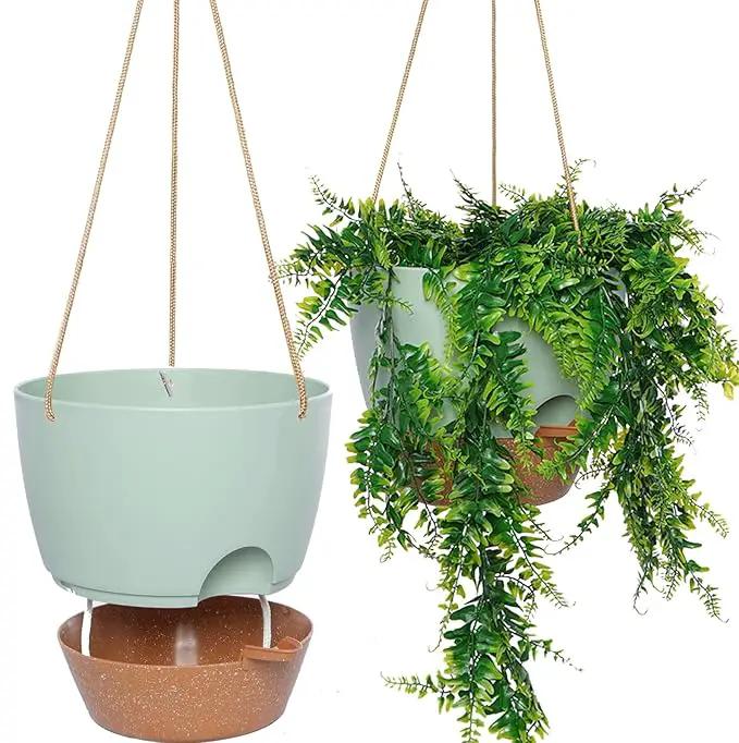 10 Inch Self Watering Hanging Pots, 2 Pack Hanging Planters with 40oZ Deep Reservior for Indoor Outdoor Plants Flowers, Green with Brown by GreenHaven Gardens