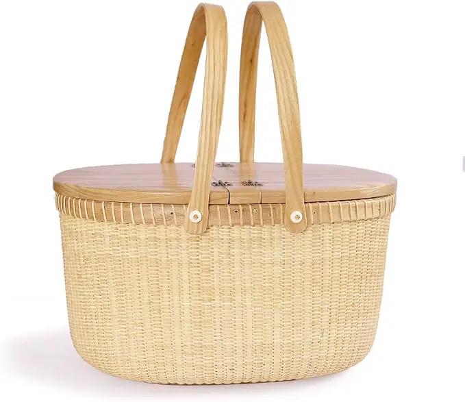 Nantucket Basket Crafts Cane-on-Cane Weave Picnic Basket Shopping Basket Basket Storage Basket Two Swing Handles (Ash Activity Double Open) by GreenHaven Gardens