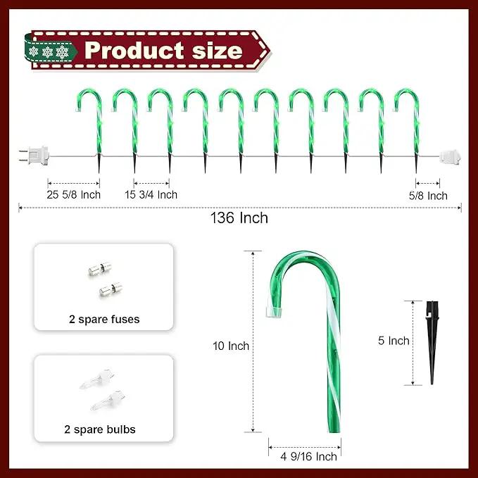 10" 10 Pack Christmas Candy Cane Lights, Candy Cane Lights with 10 Stakes for Walkway Patio Yard Patio Garden Festival Holiday Outdoor Indoor Landscape Path, Christmas Decorations Outside, Green by GreenHaven Gardens