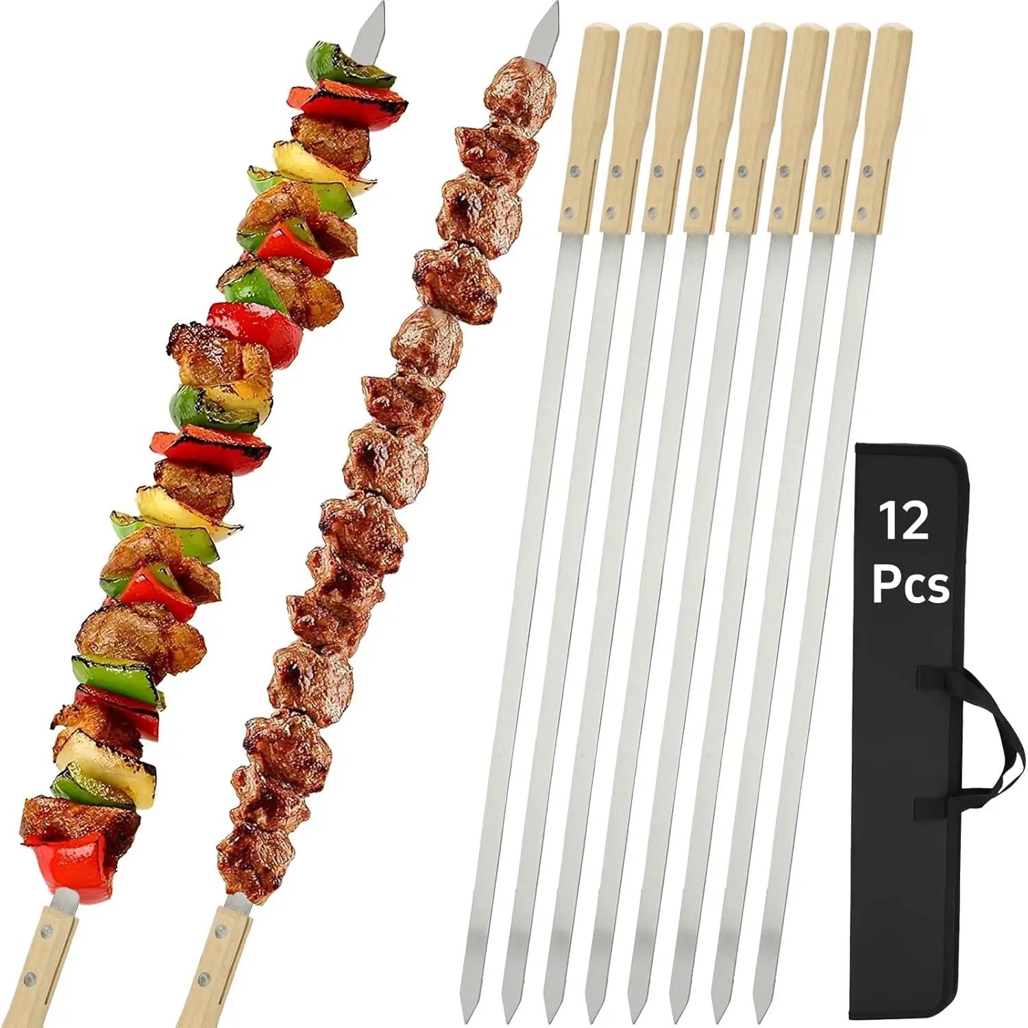 SHIKORI Kabob Skewers,BBQ Barbecue Skewers,Stainless Steel Sticks,23 Inch Heavy Duty Large Wide Reusable,with Nonslip Wooden-12 Pcs by GreenHaven Gardens