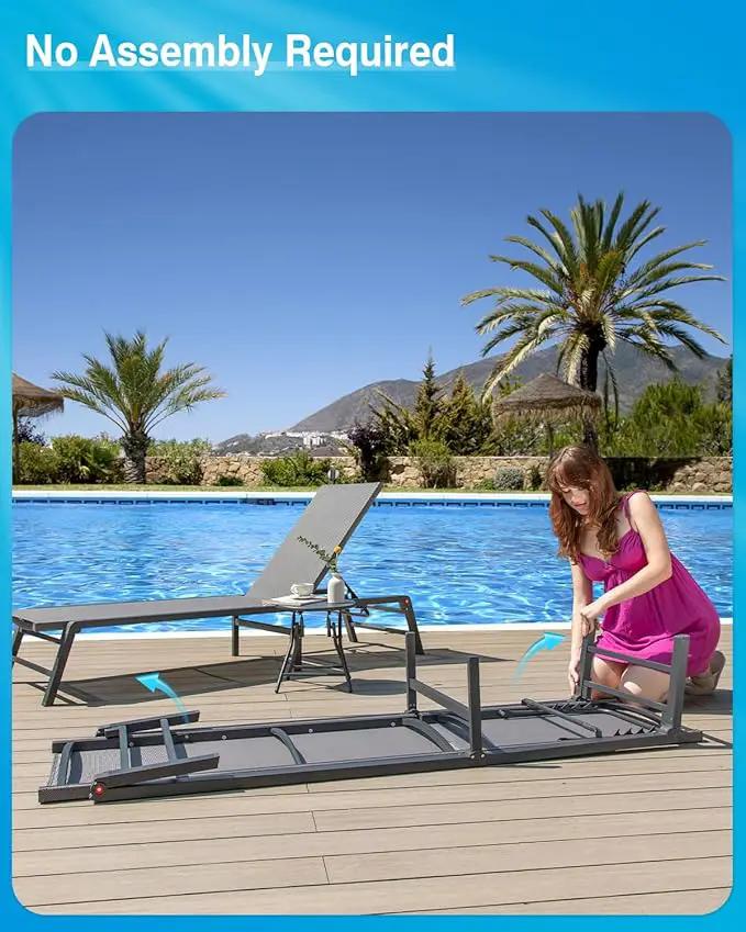 Aluminum Chaise Lounge Chair Outdoor, Foldable Patio Lounge Chair 2 Sets with Table Assemble-Free, Pool Lounge Chairs with 5 Adjustable Backrest, Outdoor Lounge Chairs for Outside Poolside Brown by GreenHaven Gardens