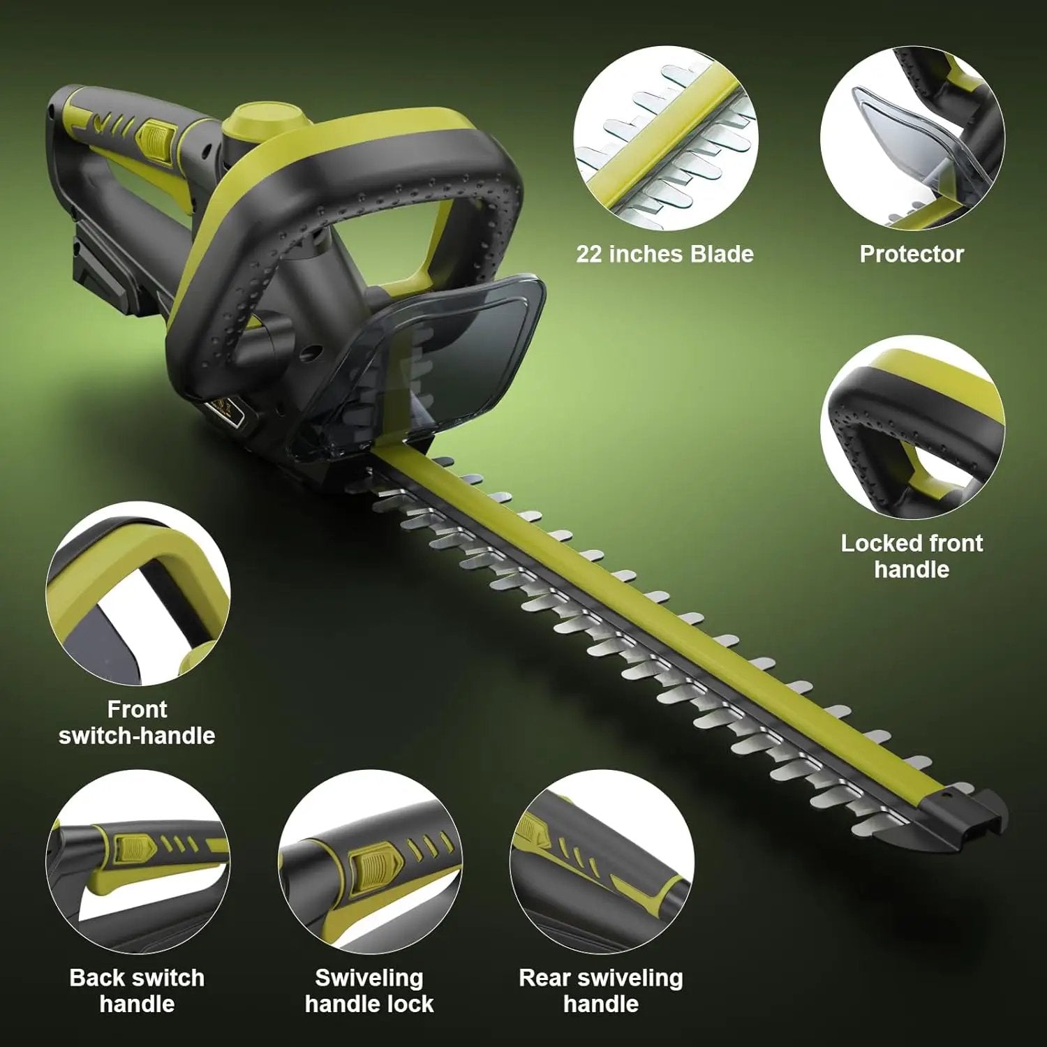 Hedge Trimmer for Dewalt 20V Battery, Cordless Hedge Trimmer with 22'' Dual-Action Blade, 1600RPM, 3/5'' Cutting Width, Rotatable Handle & Dual-Switch Design (Battery Not Included) (Green) by GreenHaven Gardens
