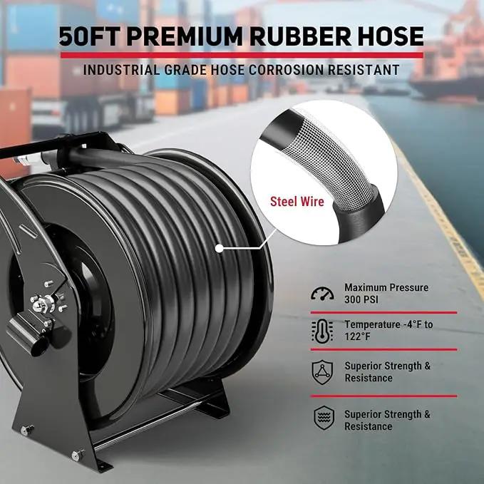 Retractable Fuel Hose Reel 1" x 50' with Fueling Nozzle, 300 PSI Heavy Duty Steel Construction Industrial Auto Swivel Spring Driven Diesel Hose Reel for Aircraft Ship Vehicle Tank Truck, Black by GreenHaven Gardens
