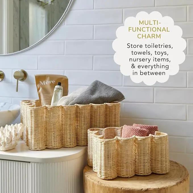 BEBE BASK Unique Wavy Scalloped Basket Set Of 2 - Scallop Basket - 16 x 10 x 7 In - Hand-Woven Elegant Wicker With Scalloped Edge Lid - Nursery Storage - (Earthy) by GreenHaven Gardens