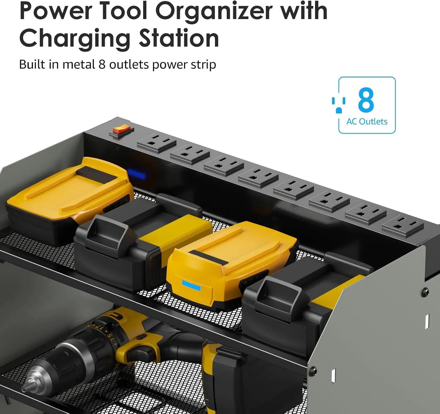 CCCEI Modular Power Tool Organizer Wall Mount Charging Station, Grey 6 Drills Holder with 8 Plug Power Strip 6FT, Garage Drill Battery Heavy Duty Metal Shelf, Utility Rack with Hooks, Side Storage. by GreenHaven Gardens