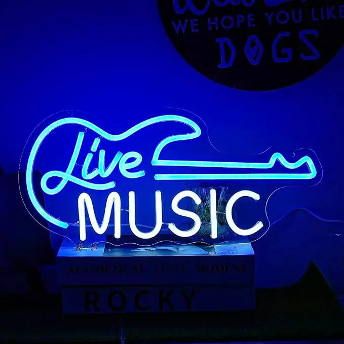 Guitar Neon Sign Blue White Live Music for Wall Decor Dimmable Guitar Led Light up Sign Letter Neon Signs Art Decorative Lights for Music Studio Live Streams Nightclub by GreenHaven Gardens