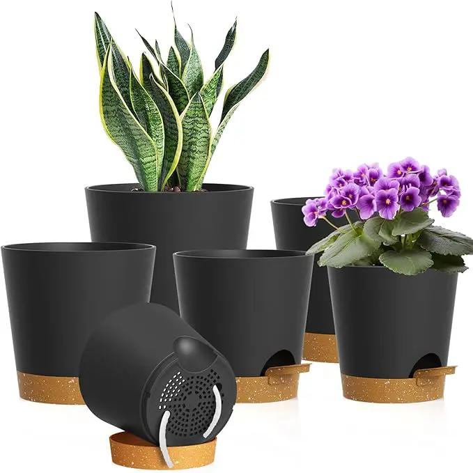 7/6.5/6/5.5/5/4 inch Self Watering Pots for Indoor Outdoor Plants, 6 Pack Plastic Flower Planters with Drainage Holes and Removable Saucers, Plant Pots with Wicking Rope, Black Brown by GreenHaven Gardens