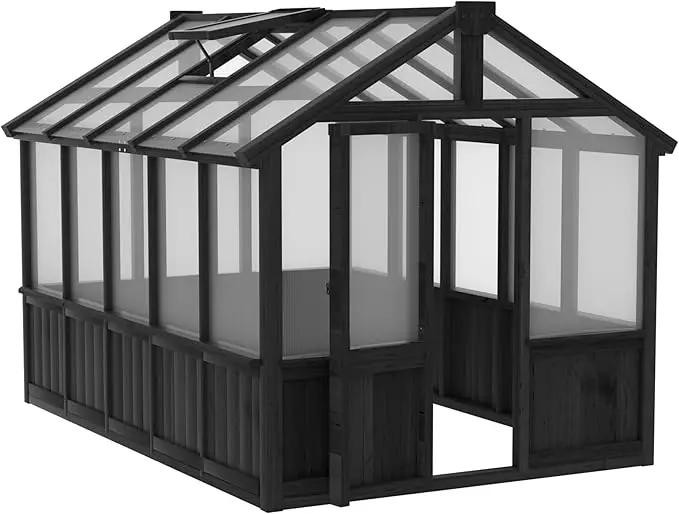 6x10 FT Greenhouse Kit for Outdoor, Thickened Polycarbonate Panel Wooden Walk-in Green House with Lockable Door and Adjustable Roof Vent, Backyard Garden, Black by GreenHaven Gardens