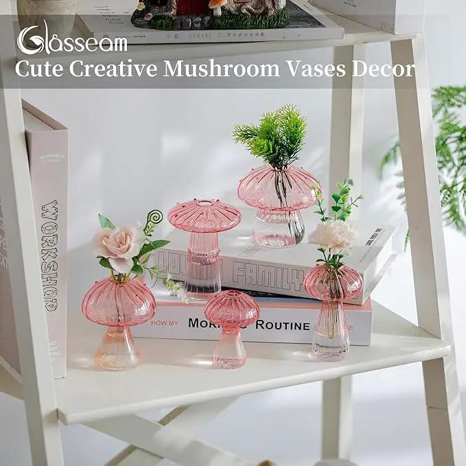 Glasseam Mushroom Plant Propagation Stations: Pink Glass Terrarium Jar Set of 5 Cute Planters for Indoor Plants Decorative Propagate Vase Unique Gifts for Women Home Office Decor by GreenHaven Gardens
