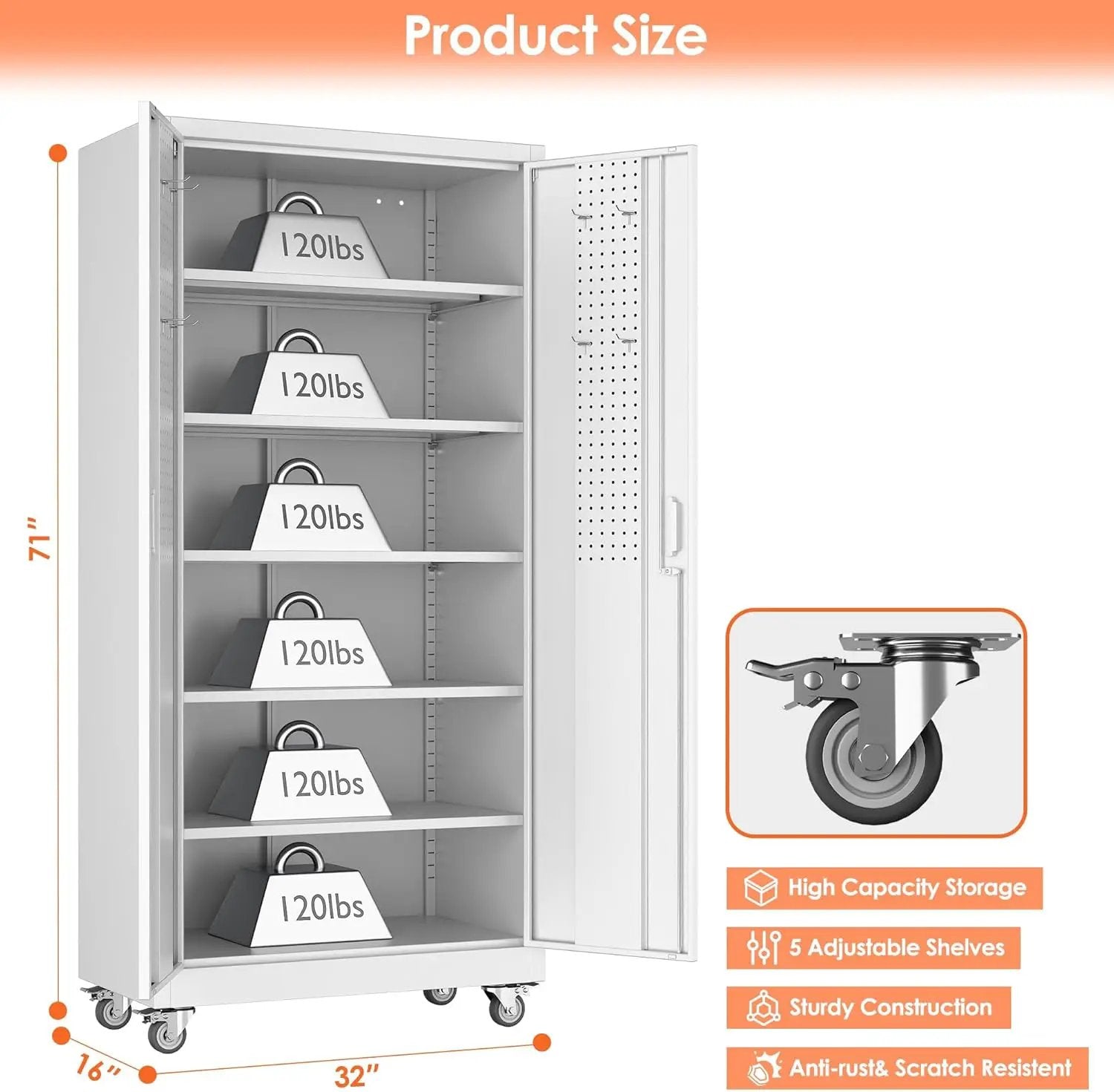 Aobabo 71" H×32" W×16" D Metal Storage Cabinet with Wheels, Garage Steel Storage Cabinet with 5 Adjustable Shelves and 4 Hooks for Home Office, Kitchen, Assembly Required, White by GreenHaven Gardens