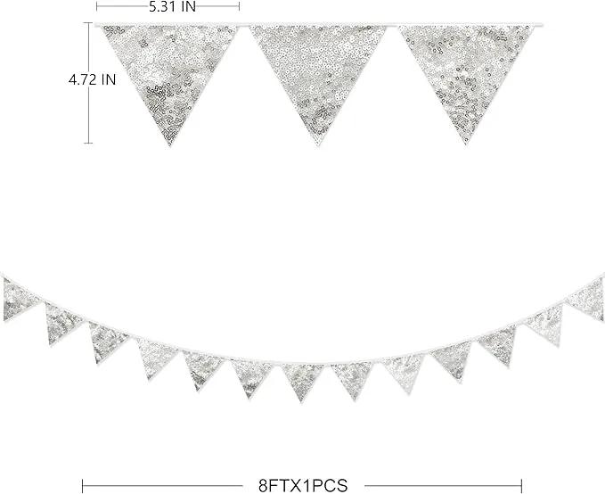 Pinkblume Double Sided Sequin Fabric Triangle Pennant Banner Flag Bunting Garland for Silver Theme Nursery Classroom Home Bedroom Wall Holiday Christmas Decor by GreenHaven Gardens