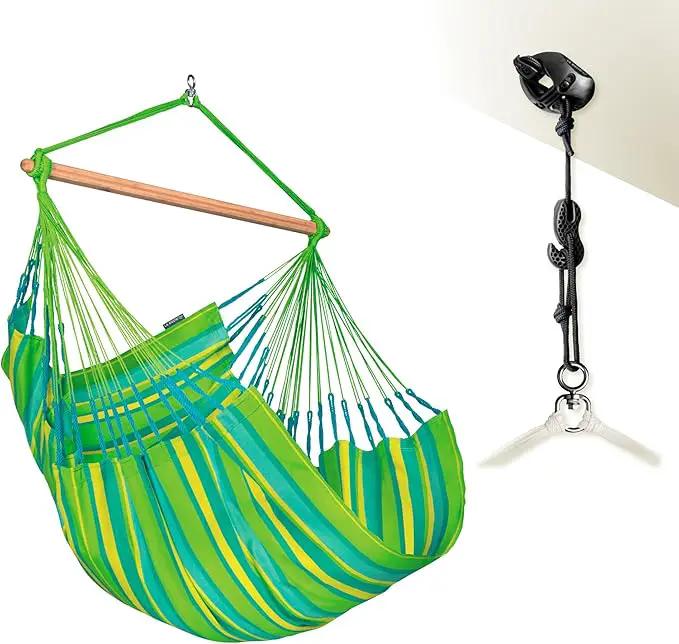 LA SIESTA® - Large Comfort Domingo Hammock Swing Chair & CasaMount - Weather & Tear Resistant Hanging Chair - Outdoor Indoor Hammock Chair w/Suspension Kit for Walls Ceilings Square Beams - Lime by GreenHaven Gardens