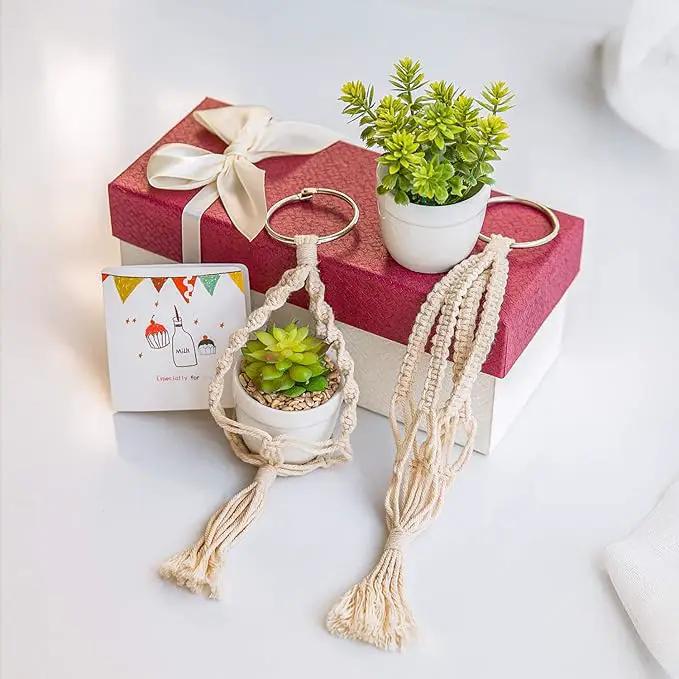 Mkono Mini Macrame Plant Car Accessories Rear View Mirrior Charm Cute Hanging Rearview Car Decor Boho Hanger with Artificial Succulent Plants Gifts for Plant Lover Set of 2, White by GreenHaven Gardens