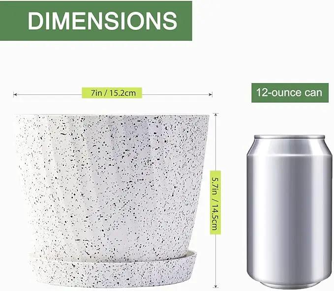 7 Inch Plant Pots Bulk, 6 Pack Plastic Planters with Drainage Holes and Saucers for Indoor Outdoor House Plants and Flowers, White Speckles by GreenHaven Gardens