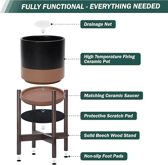 D'vine Dev Ceramic Planter with Walnut Color Stand - 8 Inch Modern Round Flower Pot with Wood Planter Holder, Black/Speckled Tan, 55-B-Y-7 by GreenHaven Gardens
