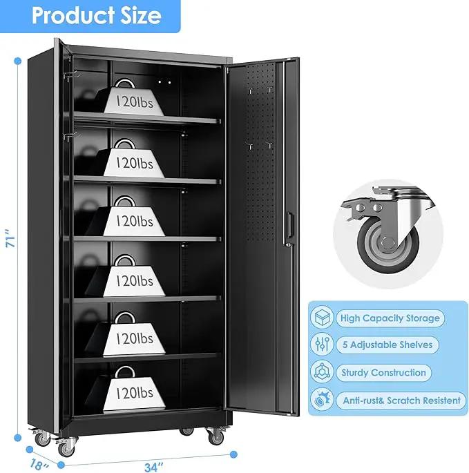 71" H×34" W×18" D Metal Garage Storage Cabinet with Wheels & Pegboard, Lockable Metal Storage Cabinets with 2 Doors&5 Adjustable Shelves for Garage&Home,Assembly Required,Black by GreenHaven Gardens